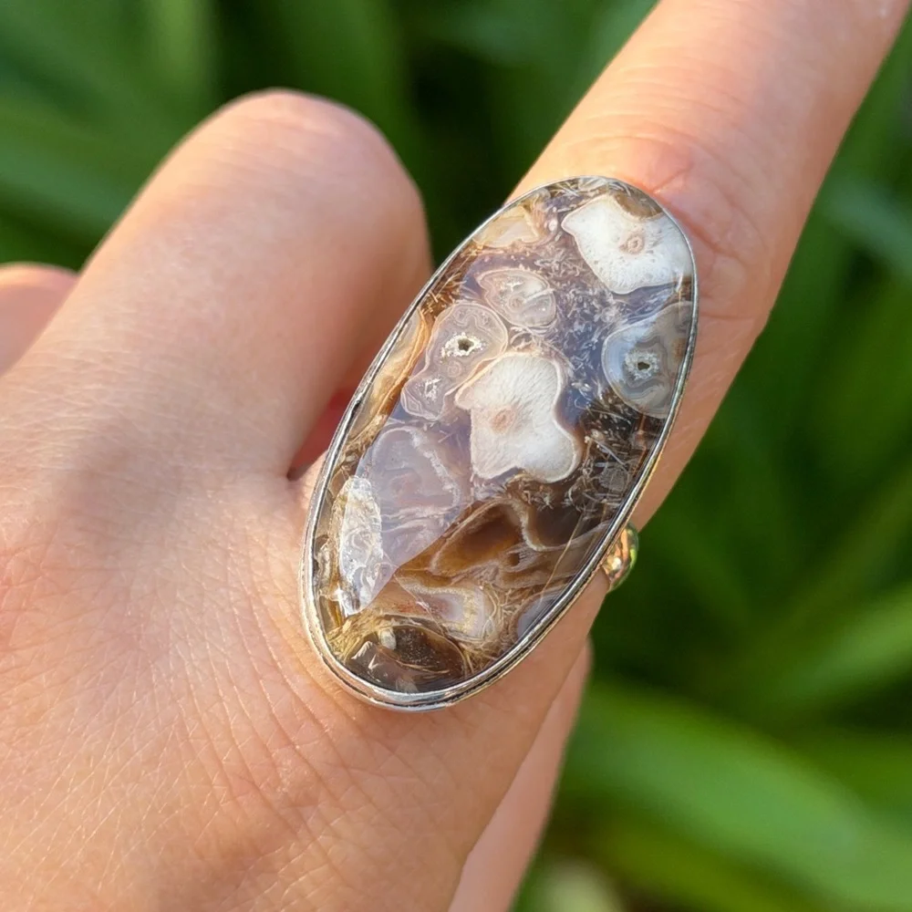 Size 9.5 925 silver plated druzy stick‎ agate ring 0686